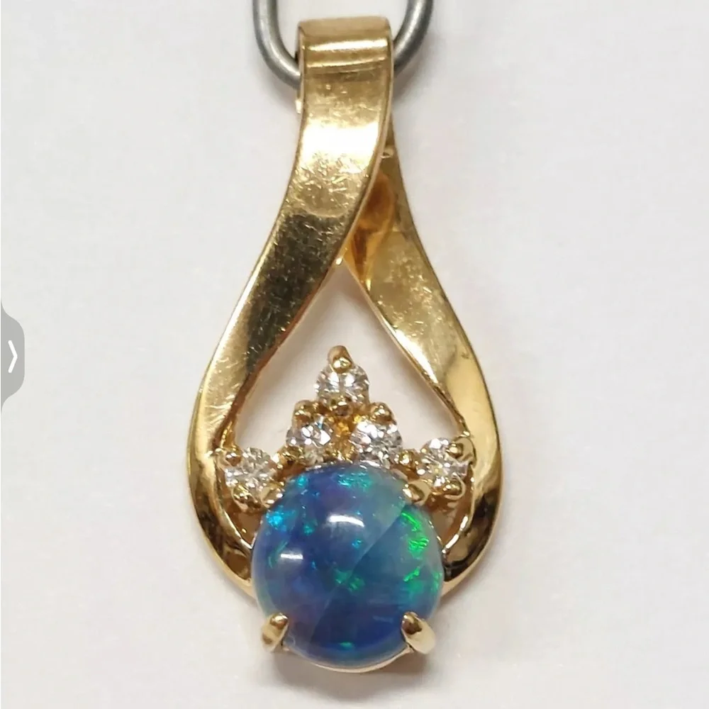 🎇 Black Opal & Diamond 14K Gold Pendant 💚🩵 - Picture 5 of 16